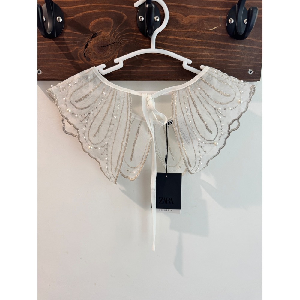 Zara White Sheer Mesh Beaded Pearl Embroidered Detachable Collar NWT Medium